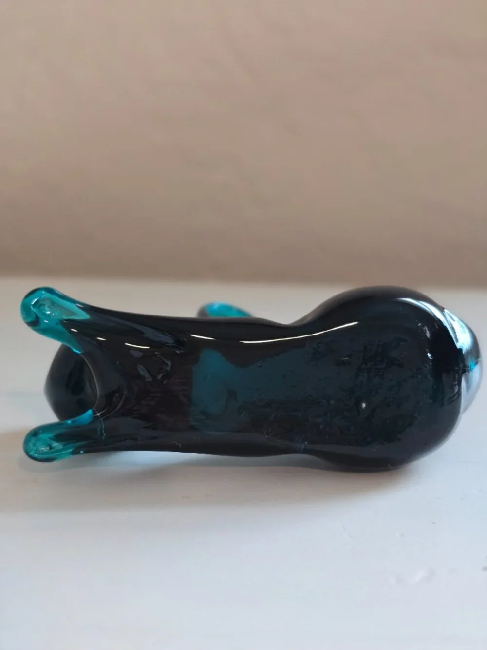 Vintage Hand Blown Glass Cat Figurine Teal/Dark Blue Black